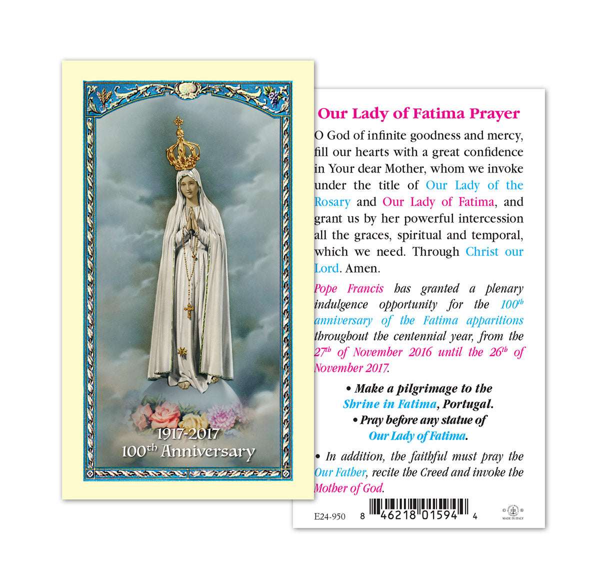 Our Lady of Fatima Prayer Card 100th Anniversary