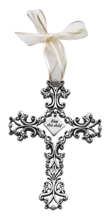 Bless This Child Filigree White Ribbon & Pearls