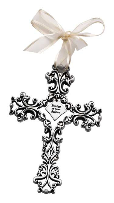 Baptism Filigree Cross White Ribbon & Pearls