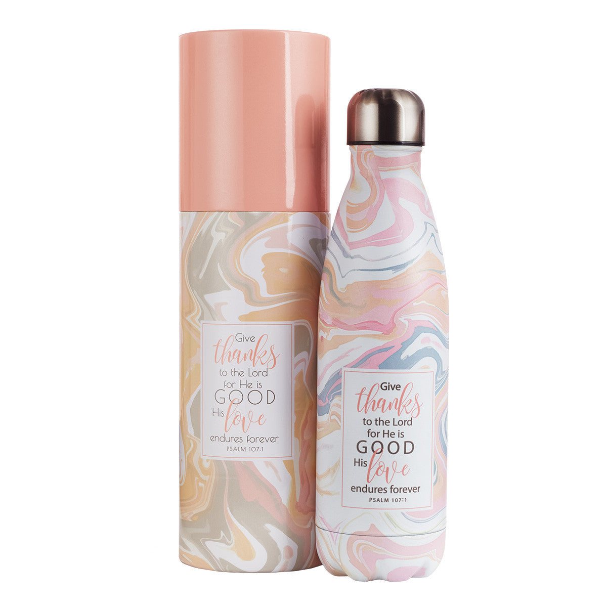 Give Thanks in Marble Pattern - Psalm 107:1 Stainless Steel Water Bottle