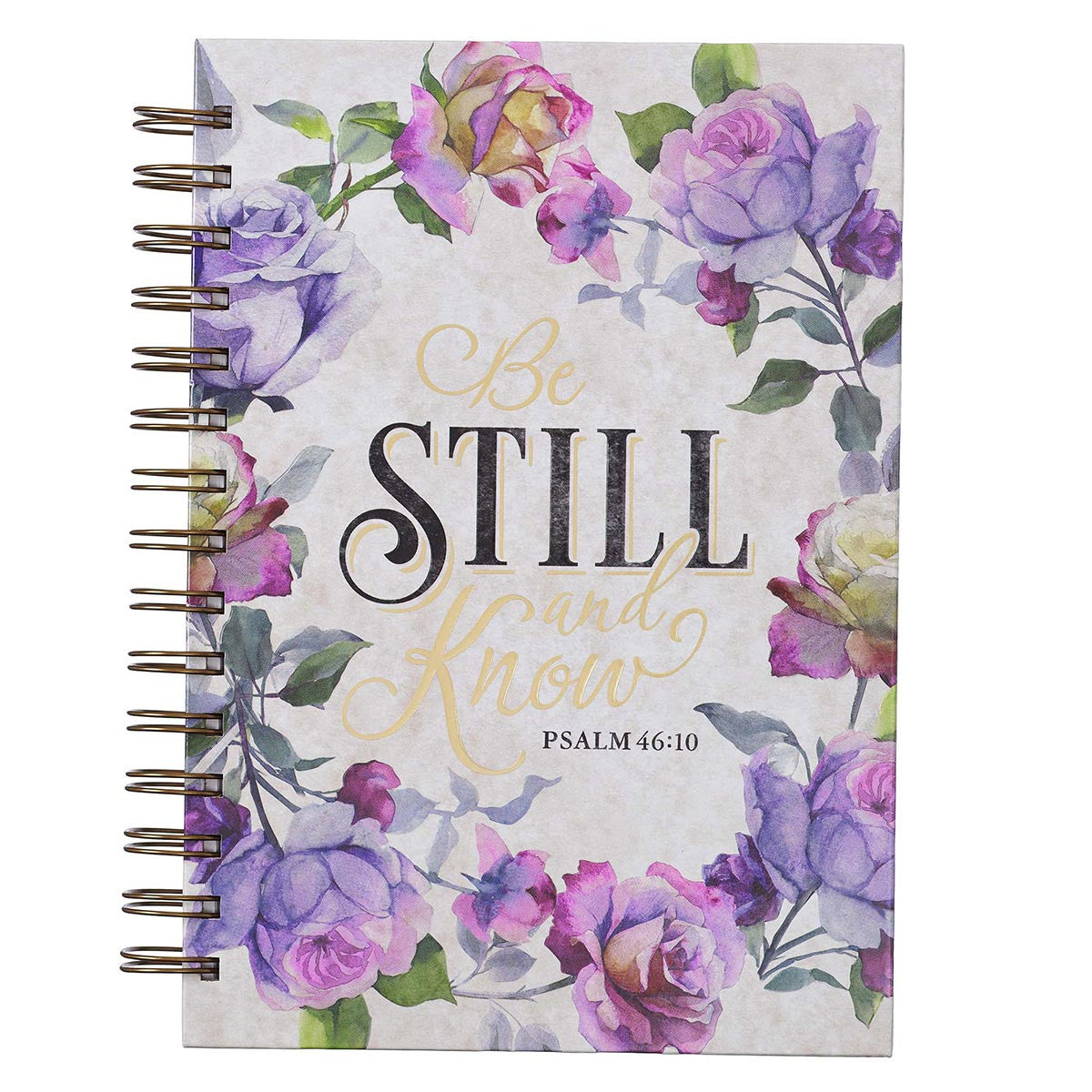 Be Still and Know - Diario grande encuadernado con alambre en flores moradas - Salmo 46:10