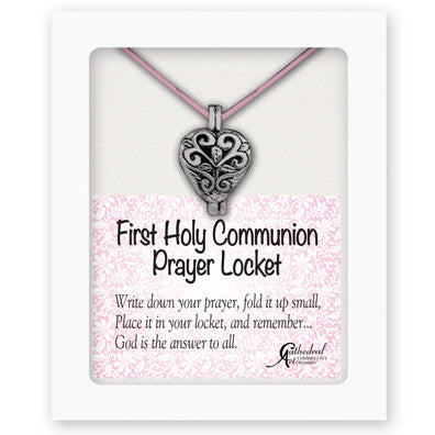 Relicario de oración de primera comunión con cordón de satén rosa de 13" con extensor de 1 1/4" en caja de regalo con tarjeta