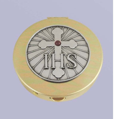 Size 1 IHS & Cross Gold Stamped Pyx/Pewter Motif/Red Stone