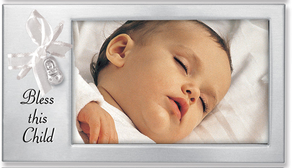 Satin Silver Bless This Child Horizontal Ribbon Frame W/Baby Bootie Charm Boxed