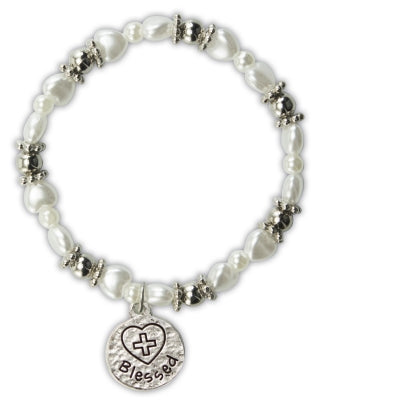 White Pearl Hearts Bracelet with Blessed Charm