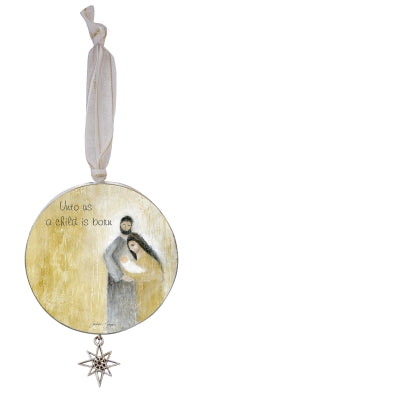 Child Is Born Ornament W/Star Charm on White Ribbon