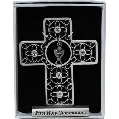 First Communion Small Standng Cross W/Chalice & Crystals Gift Boxed