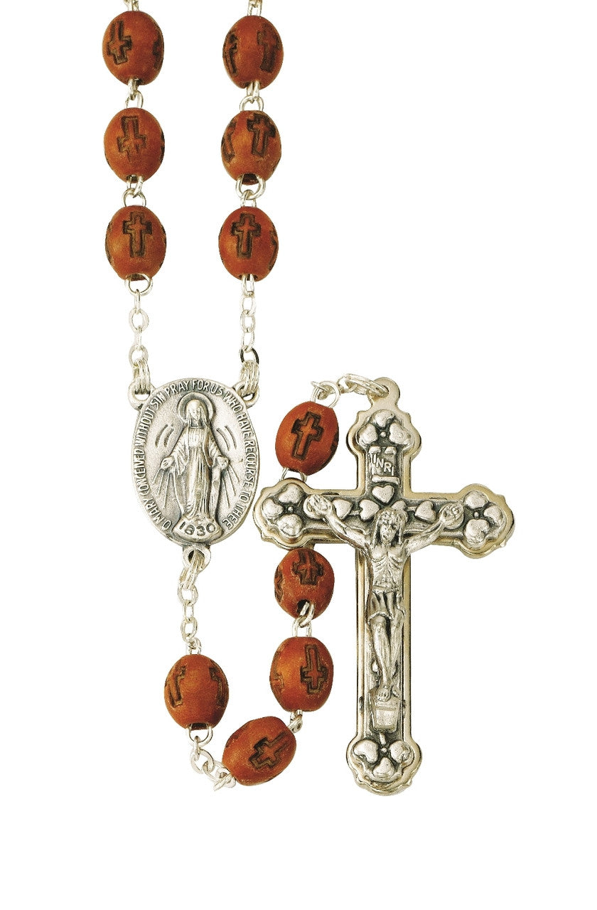 Oval Wood Bead Carved Cross