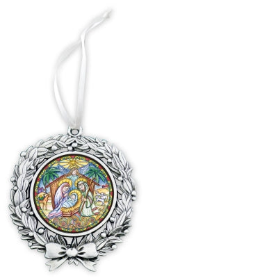 Nativity Wreath Ornament with White Ribbon