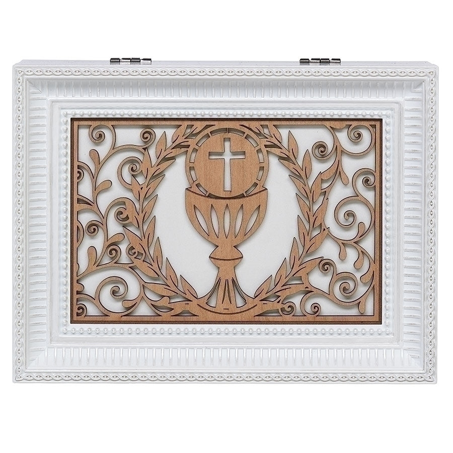 First Communion White with Laser Cut Wood Music Keepsake Box