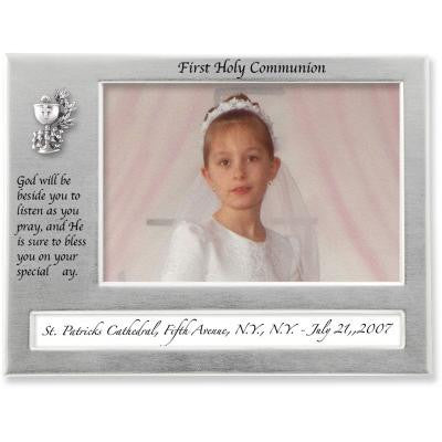 Satin Silver First Communion Caption Frame W/Chalice Boxed