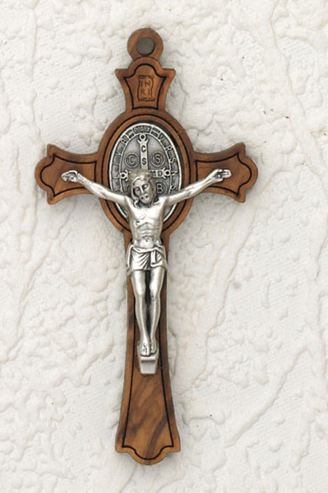 St. Benedict Wood Cross - Silver Tone Oval Medal