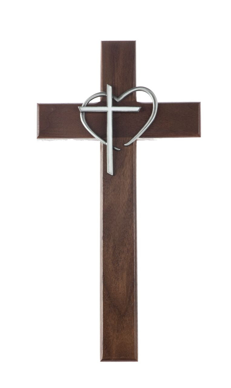 12" Walnut Wood Cross With Heart and White Epoxy Cross