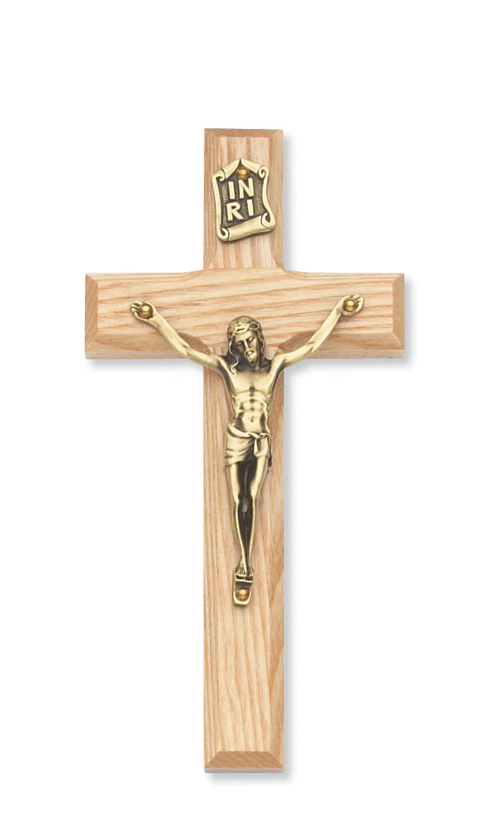6" Beveled Oak/Gold Crucifix