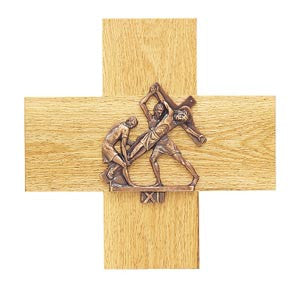 Stations of the Cross, 1-14, Bronze, Mounted on Oak Crosses