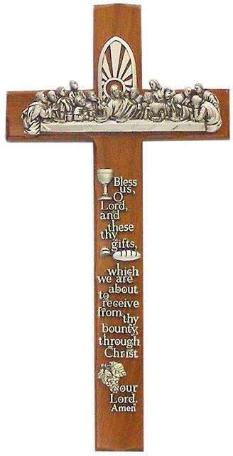12" Notched Walnut "Last Supper Cross" Antique Pewter Finish