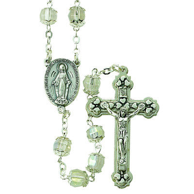 7mm Crystal Capped Rosary with Silver Plated Center and Crucifix